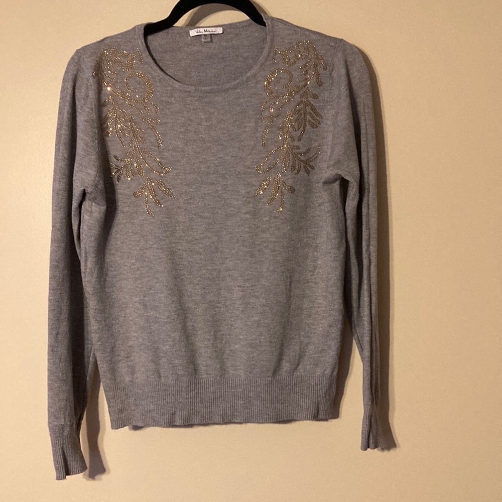Gold Embellished Gray Crewneck Sweater